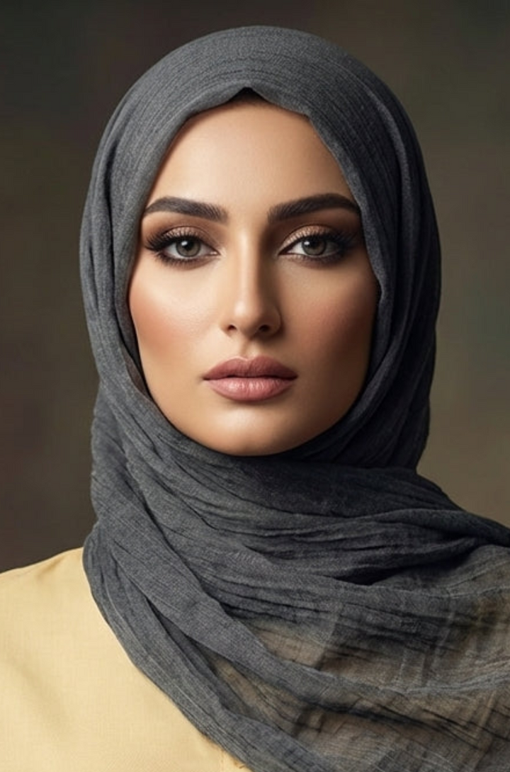 Woman wearing a dark hijab and beige top against a blurred background