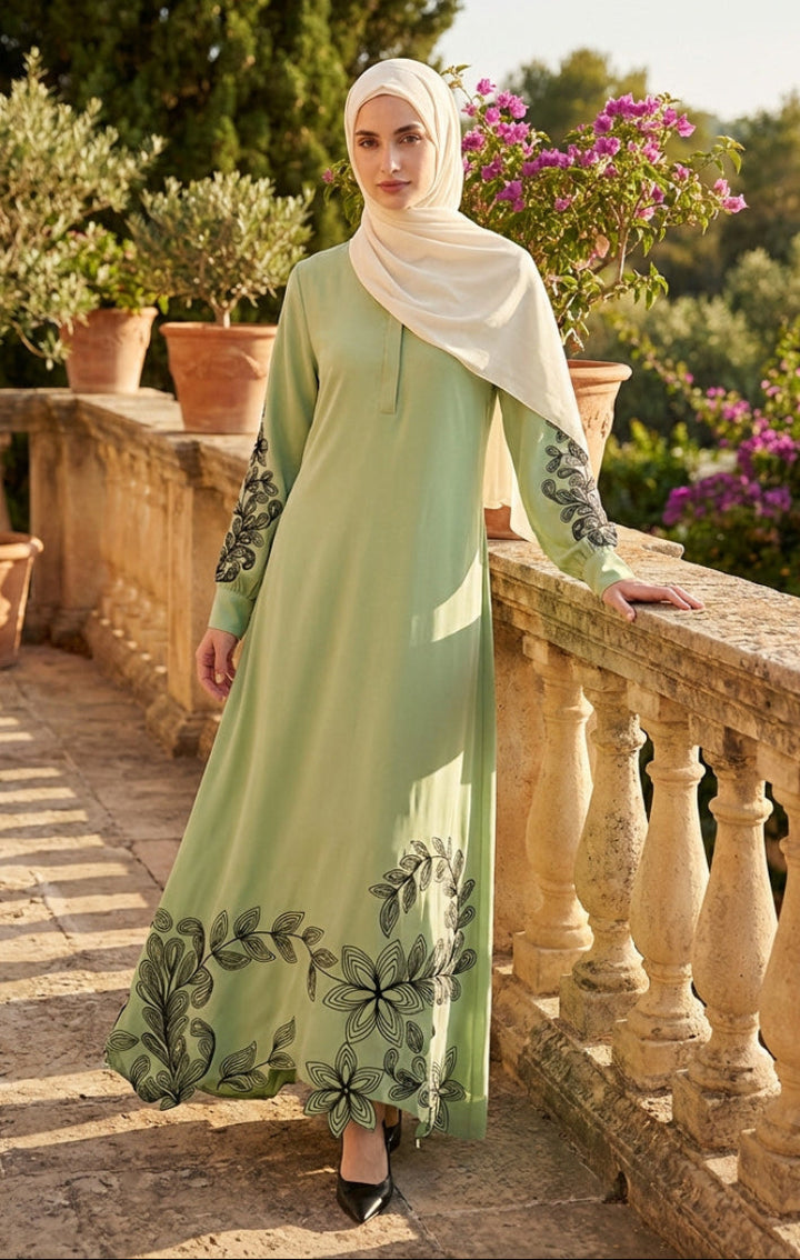 Woman in a green dress with floral patterns standing on a stone balcony with plants and flowers in the background.