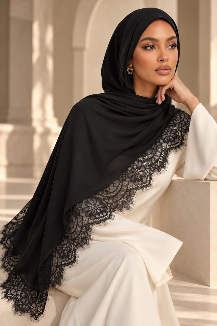 Élan Luxe Lace Trim Modal Wrap Hijab Scarf - Black