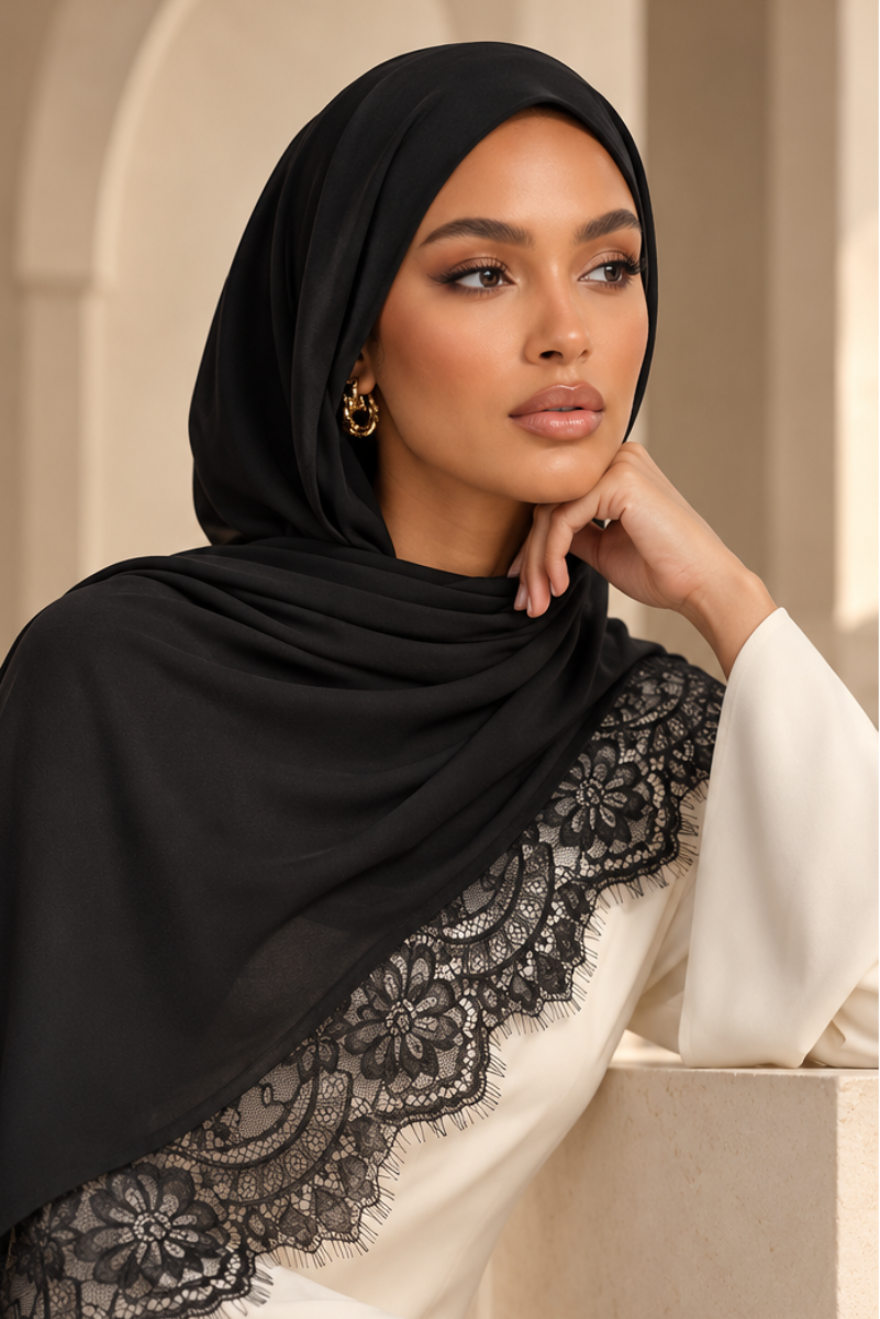 Élan Luxe Lace Trim Modal Wrap Hijab Scarf - Black