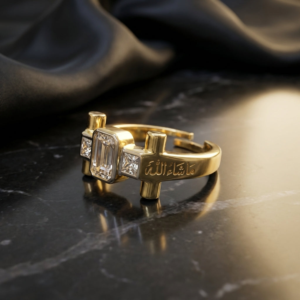 Gold ring with diamond accents on a dark surface