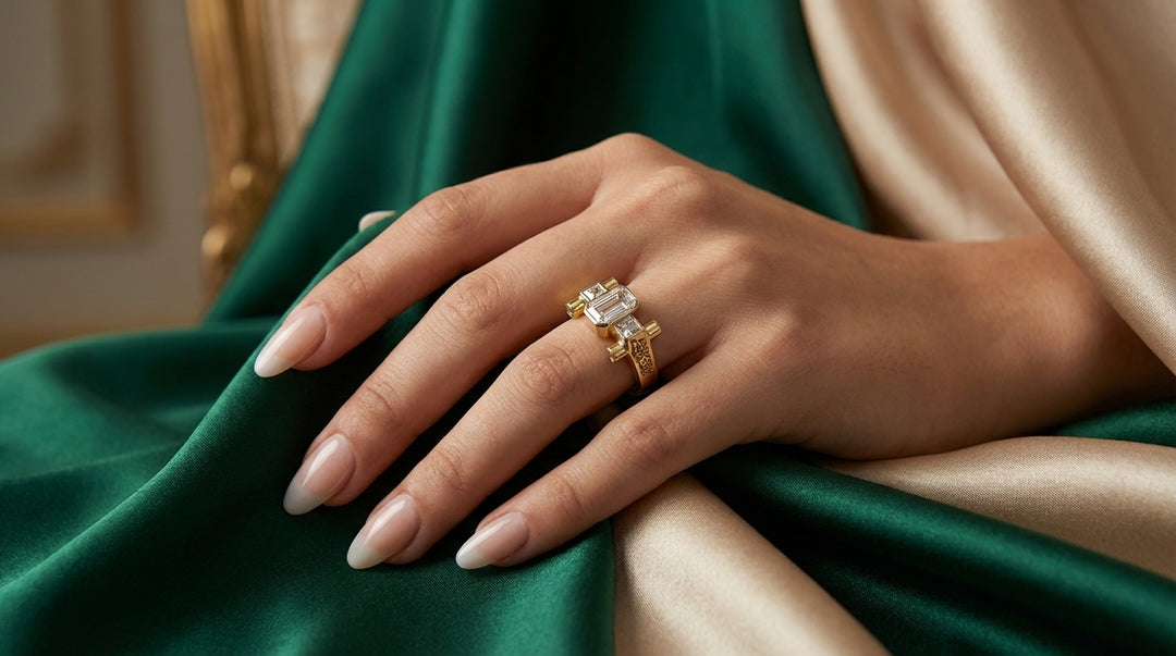 Hand wearing a gold ring with a diamond on green fabric