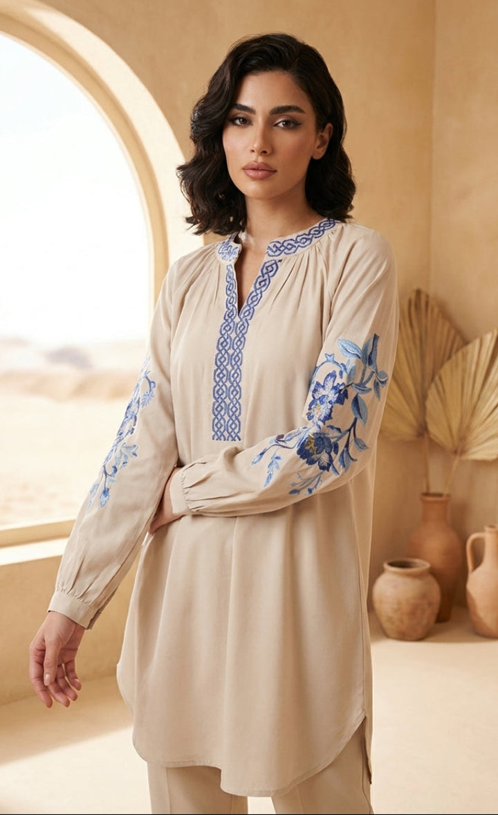 Esmine Embroidered Modest Cotton Feel Tunic - Almond - PREORDER (ships in 2 weeks)