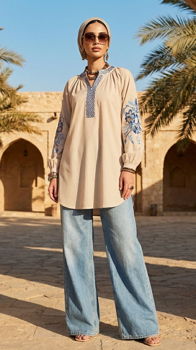 Woman wearing a beige top with floral sleeves and blue jeans in a desert setting.