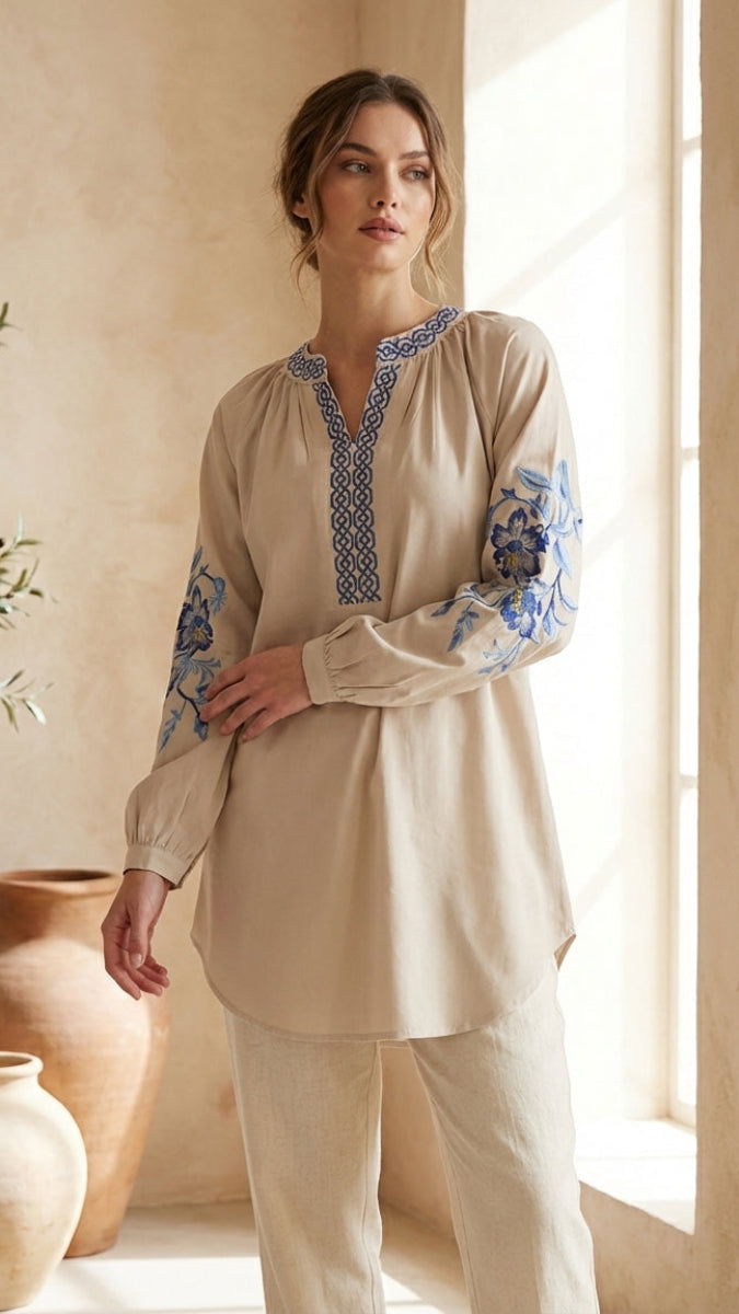 Esmine Embroidered Modest Cotton Feel Tunic - Almond - PREORDER (ships in 2 weeks)