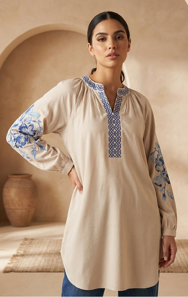 Woman wearing a beige long-sleeve top with blue embroidery in a warm-toned room.
