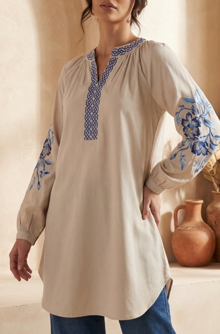 Esmine Embroidered Modest Cotton Feel Tunic - Almond - PREORDER (ships in 2 weeks)