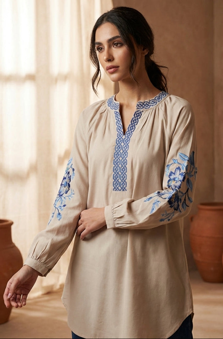Esmine Embroidered Modest Cotton Feel Tunic - Almond - PREORDER (ships in 2 weeks)