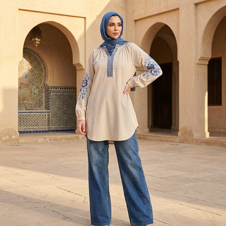 Esmine Embroidered Modest Cotton Feel Tunic - Almond - PREORDER (ships in 2 weeks)