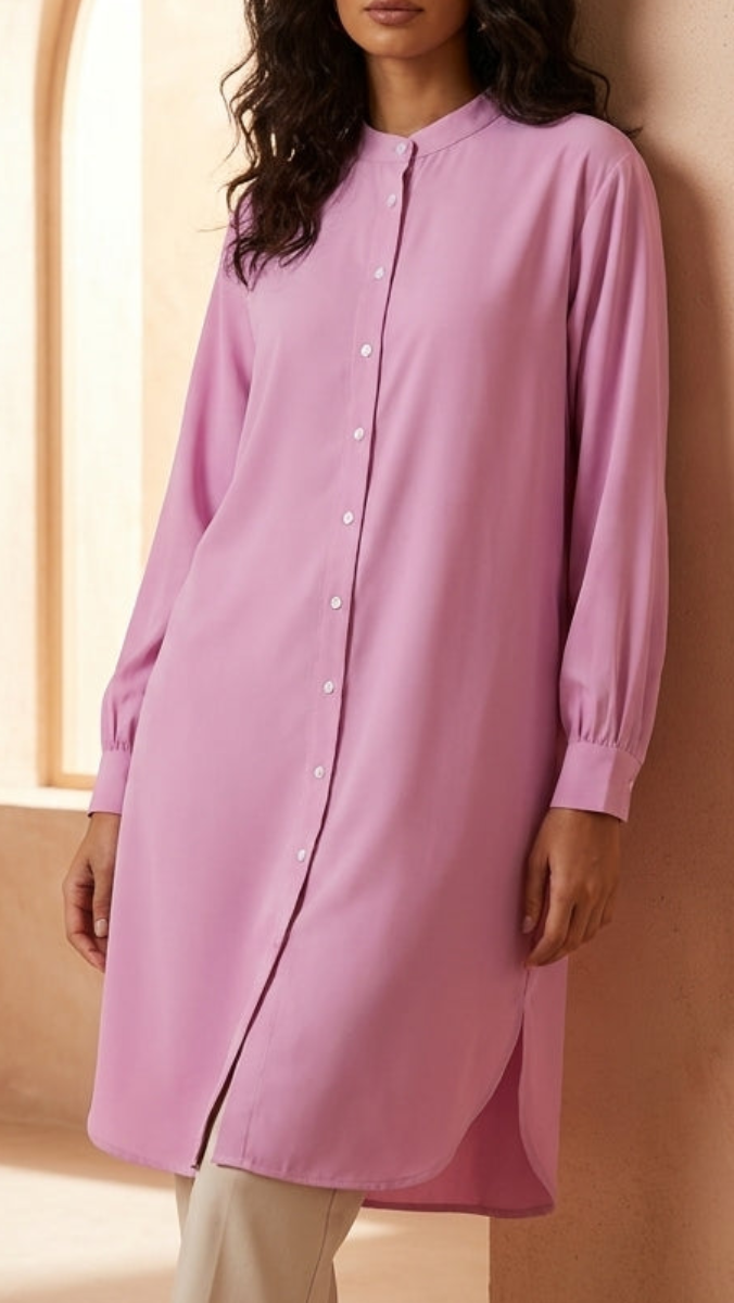 Woman wearing a pink dress standing against a beige wall with a plant and stool in the background.