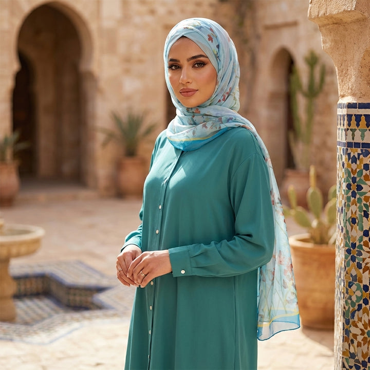 Lyla Chiffon Floral Print Wrap Hijab - Sky