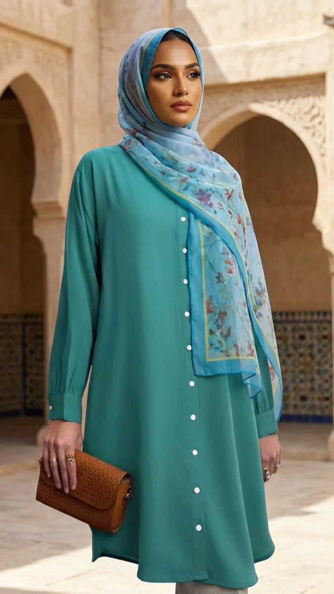 Woman in teal dress and blue hijab standing in a sunlit courtyard with arches and tiled walls.