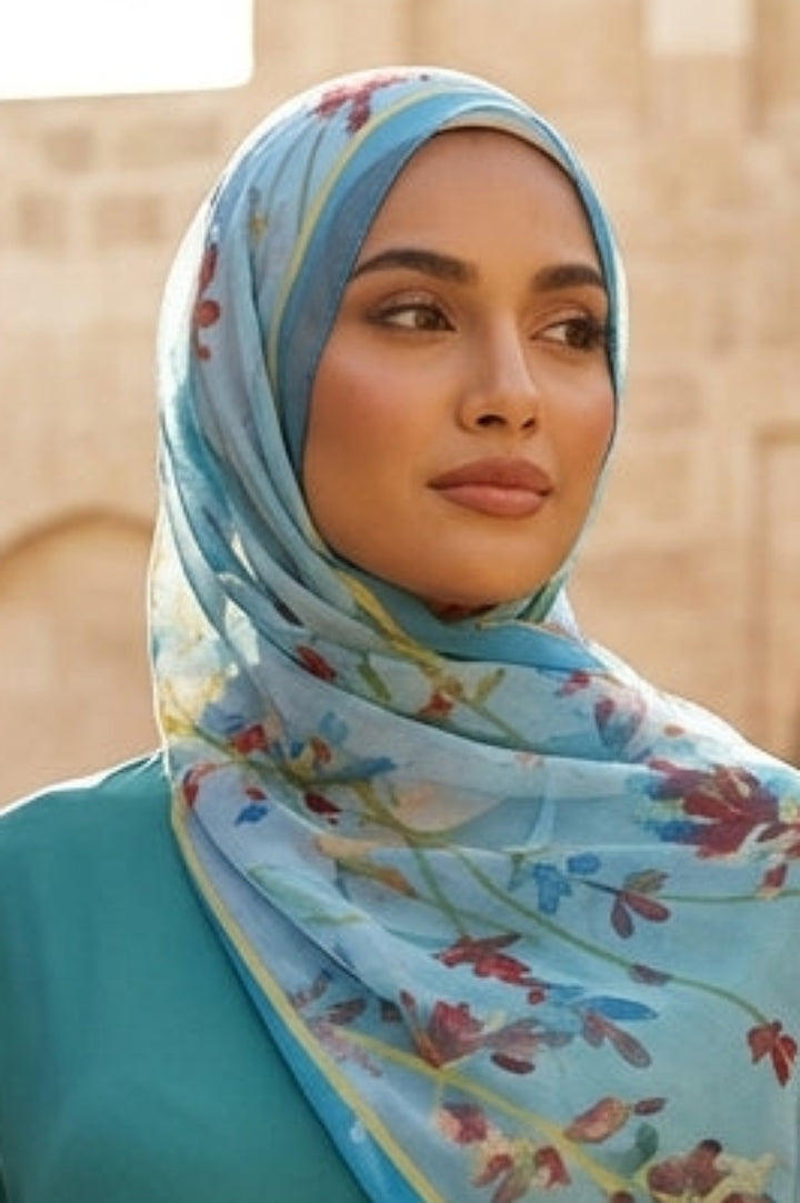Woman in teal dress and floral hijab standing in a sunlit courtyard with arches and potted plants.