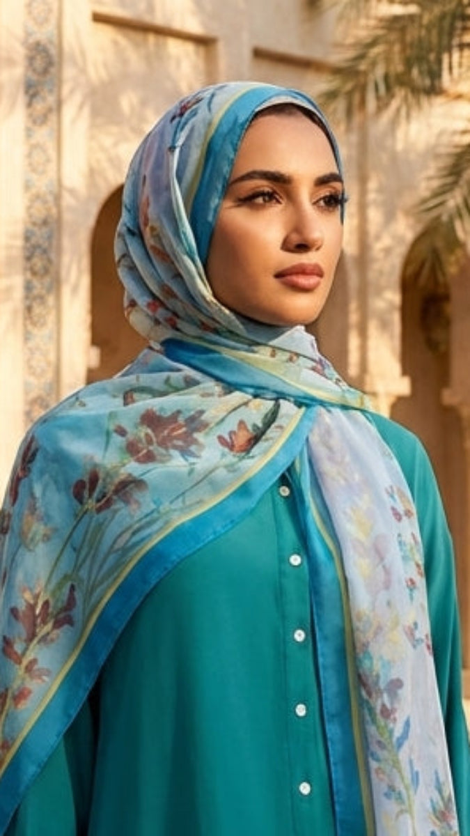 Woman in a teal dress and floral headscarf standing in front of an architectural building with palm trees.