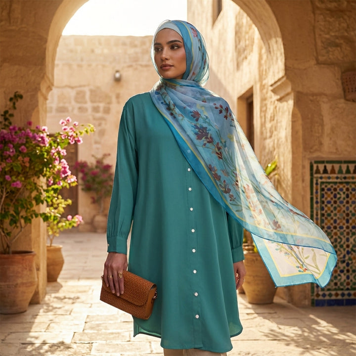 Woman in teal dress and floral hijab standing in a sunlit courtyard with arches and plants.