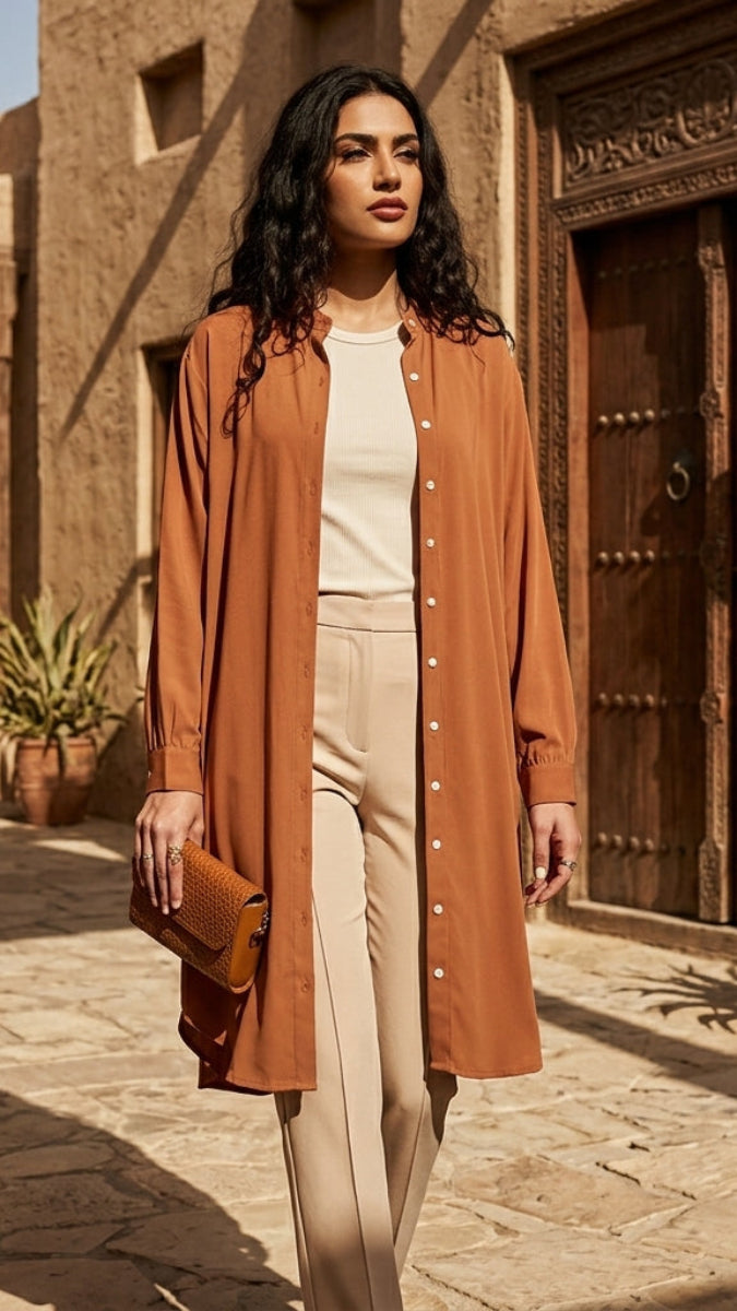 Woman in a long brown coat standing in a sunlit alleyway with a wooden door and plants.