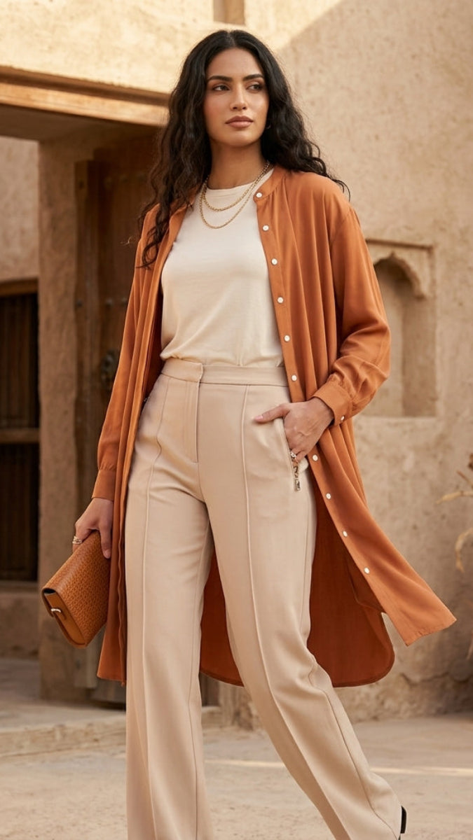 Woman in a brown coat and beige pants standing in front of a stone building.
