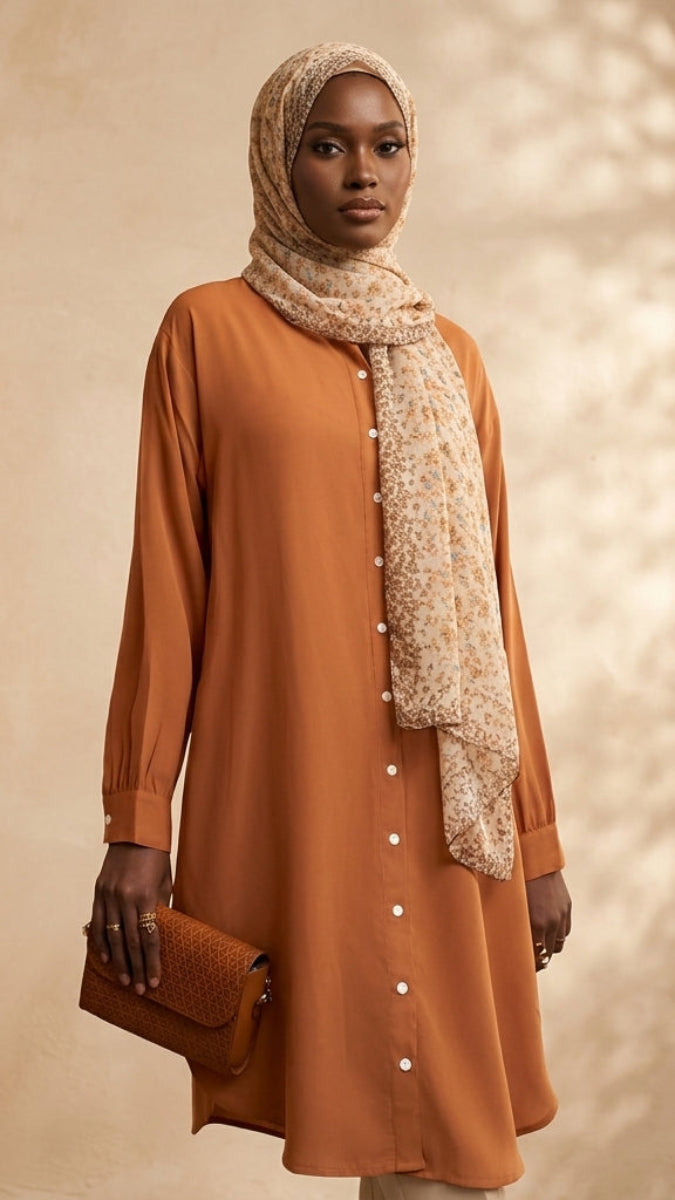 Woman wearing an orange dress with a beige hijab and matching handbag against a beige wall.