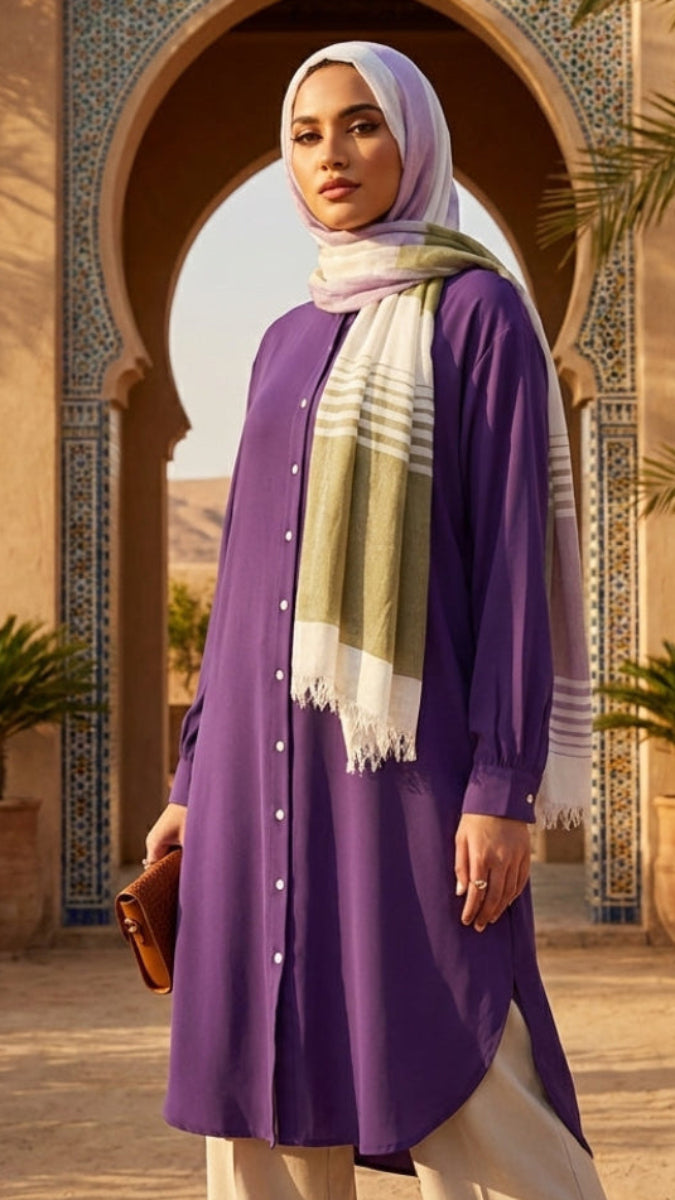 Woman in a purple outfit with a green scarf standing in front of an archway with palm trees in the background.