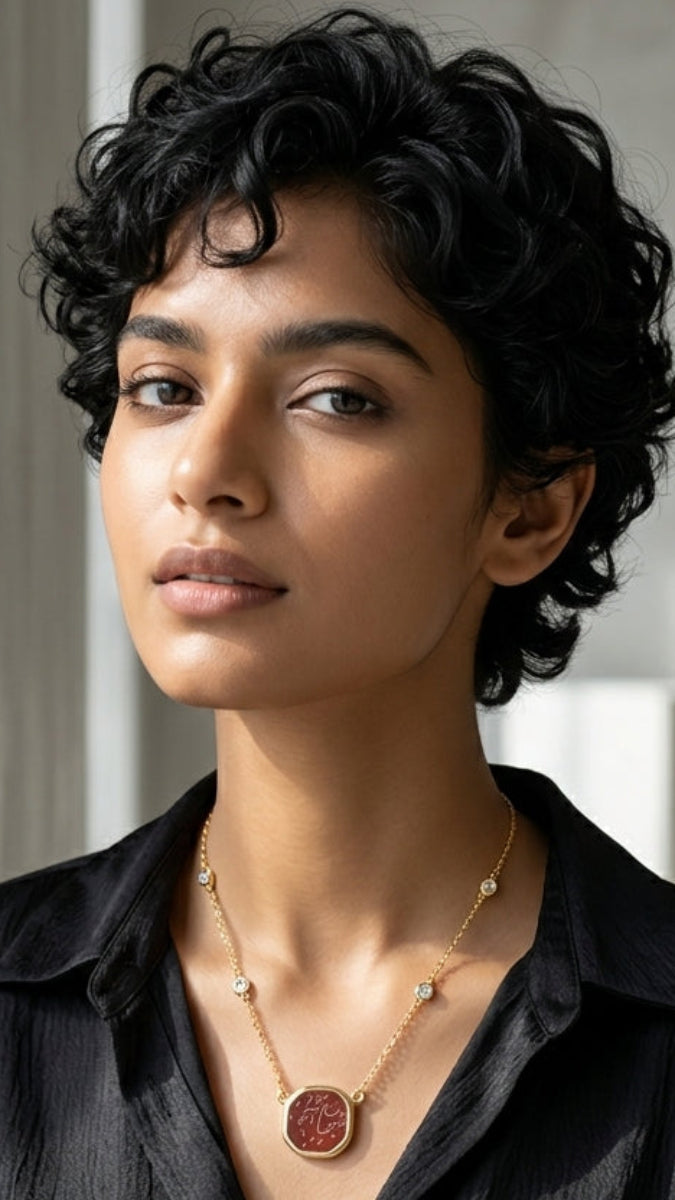 Gold plated Sterling Silver Hand Engraved Aqeeq Necklace