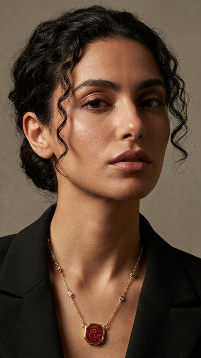 Woman wearing a necklace with a red pendant against a neutral background