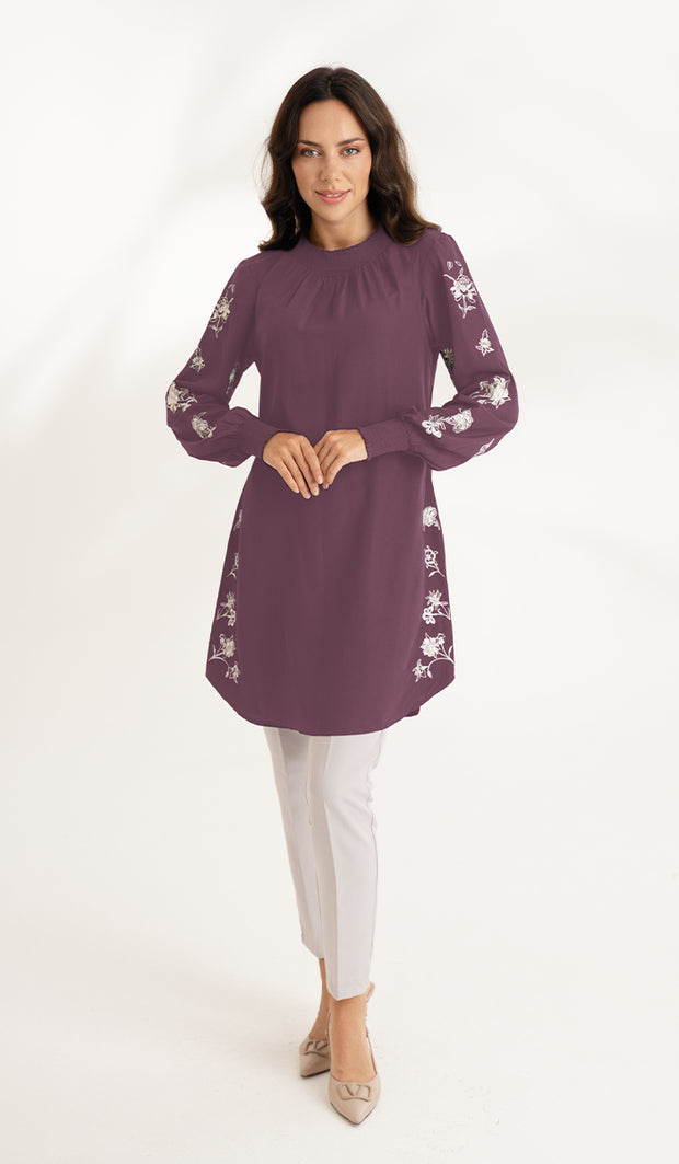 Golnar Embroidered Long Modest Tunic - Plum