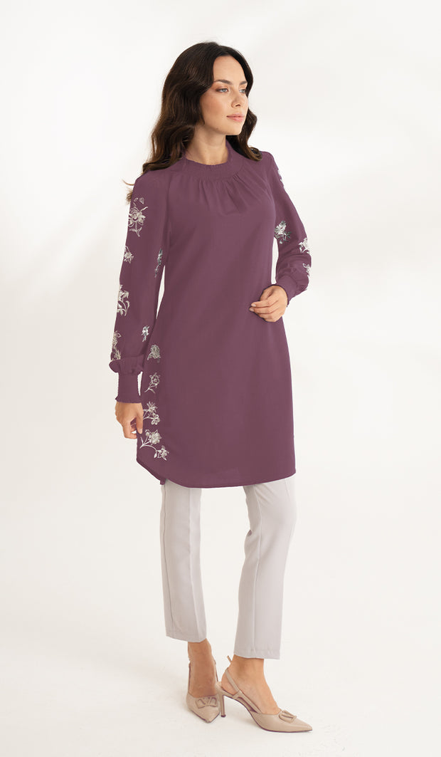 Golnar Embroidered Long Modest Tunic - Plum