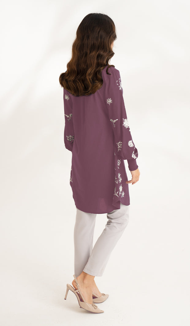 Golnar Embroidered Long Modest Tunic - Plum