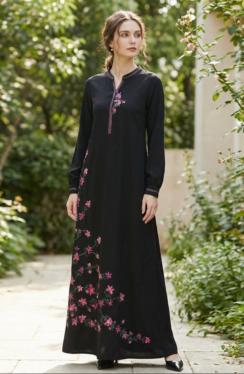 Meraj Black and Gold Embroidered Formal Modest Long Maxi Dress | Modest Muslim Dresses