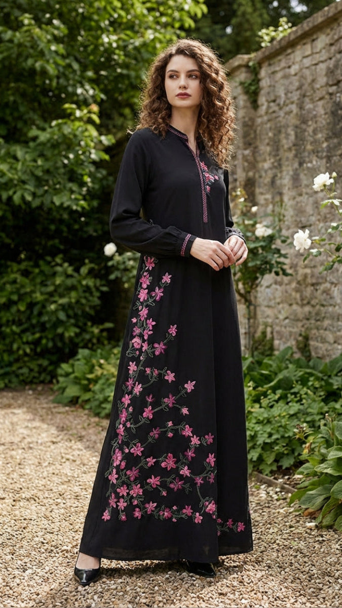 Habila Floral Embroidered Modest Long Maxi Dress - Black/ Pink | Modest Muslim Dresses | Artizara USA 6 (S)/38 in.(96.5 cm)Garment Chest Habila Floral Embroidered Modest Long Maxi Dress - Black/ Pink | Modest Muslim Dresses | Artizara USA 6 (S)/38 in.(96.5 cm)Garment Chest