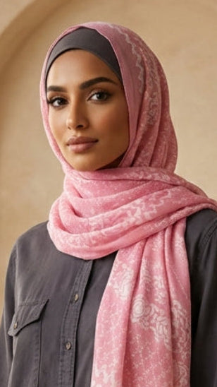 Woman wearing a pink hijab in a warm-toned architectural setting