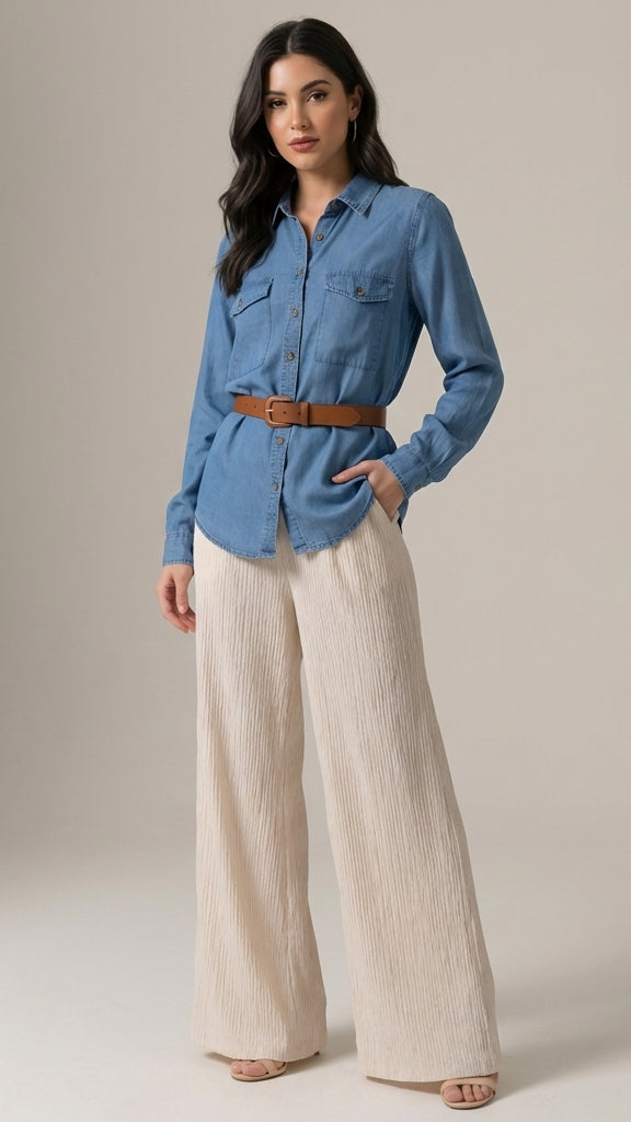 Woman wearing a blue denim shirt and beige pants against a neutral background