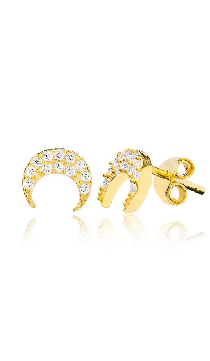 Hena Minimalist Sterling Silver Crescent Moon Stud Earrings - Gold