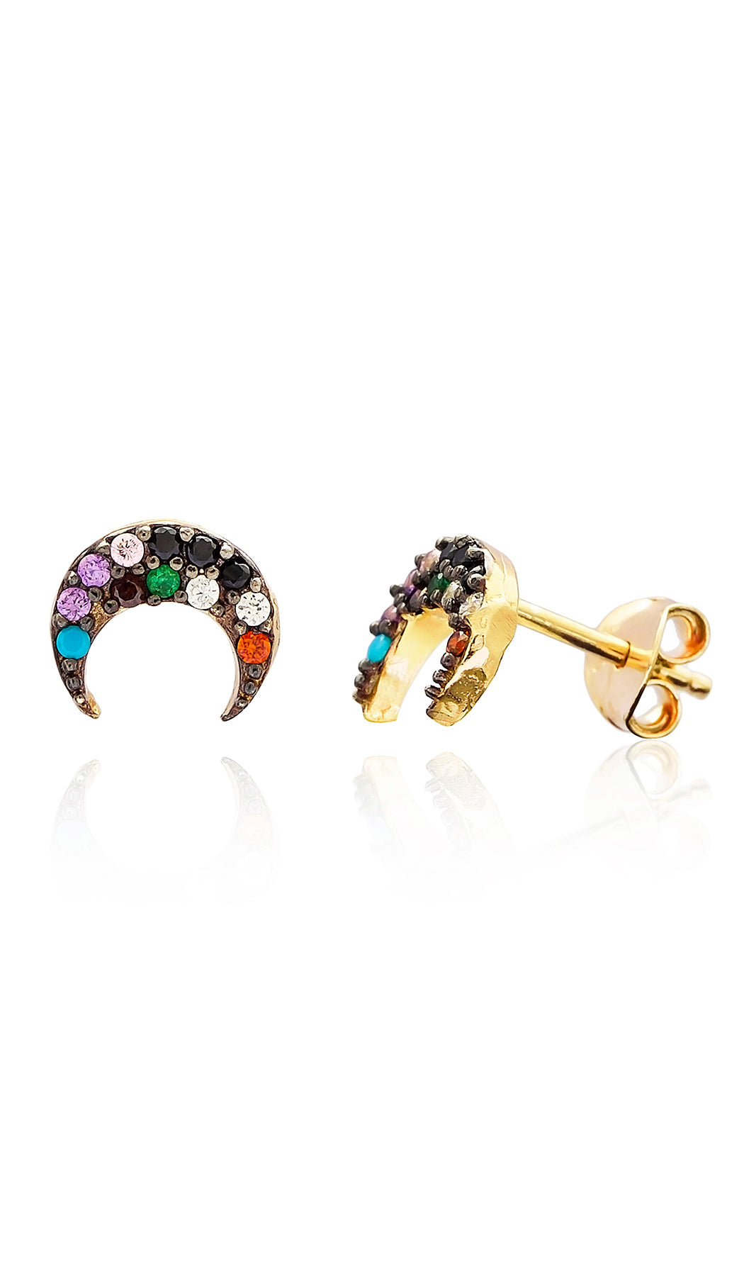 Hena Minimalist Sterling Silver Multicolor Crescent Moon Stud Earrings - Gold