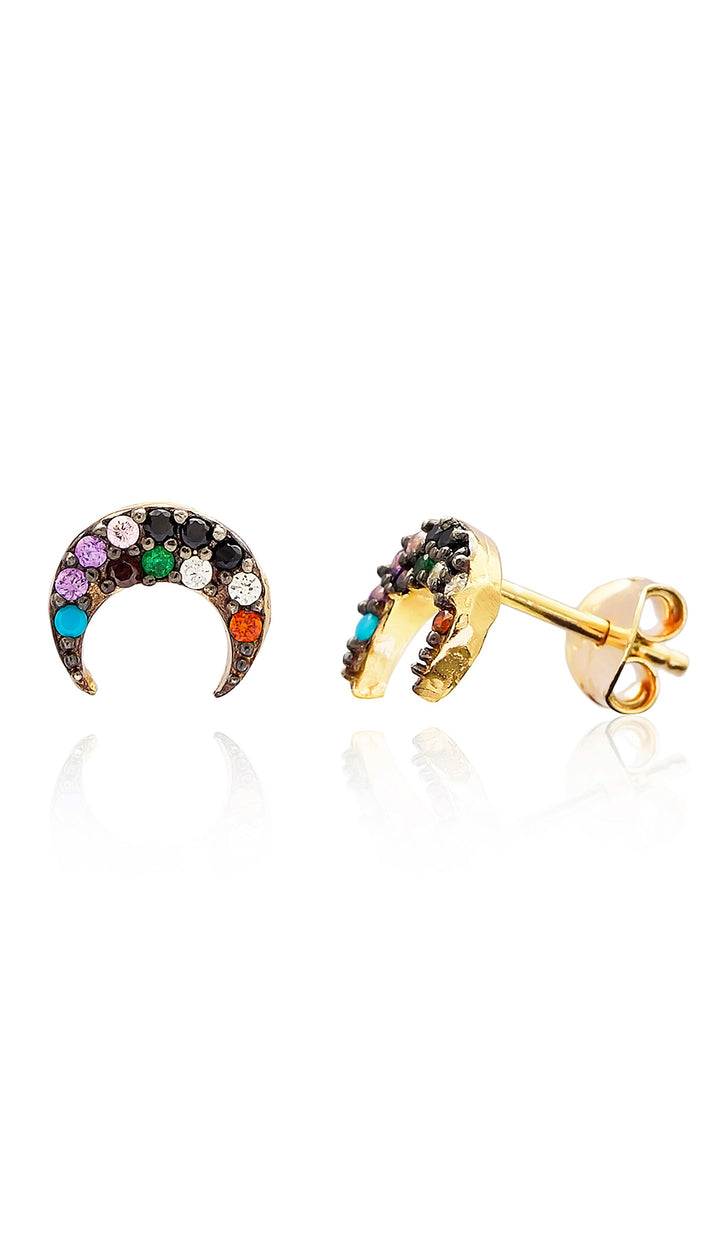 Hena Minimalist Sterling Silver Multicolor Crescent Moon Stud Earrings - Gold