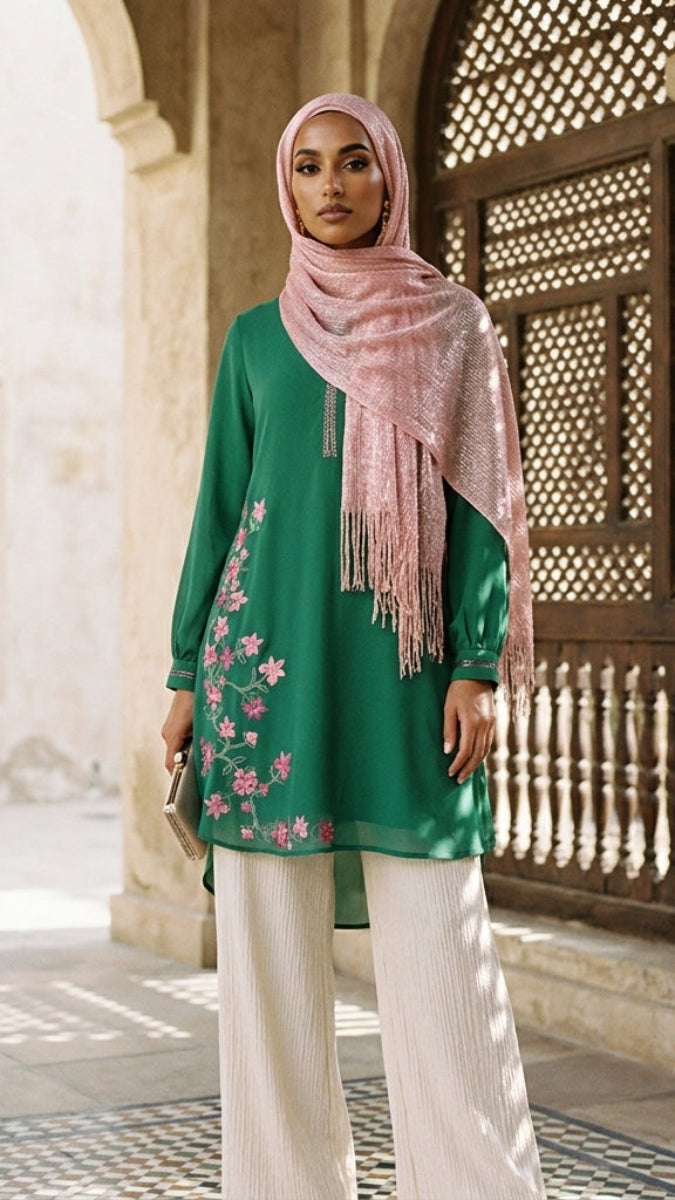 Woman in a green outfit with floral patterns and a pink hijab standing in an architectural setting.