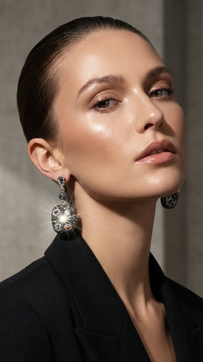 Woman wearing large, ornate earrings in a neutral setting