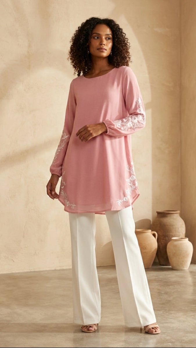 Huma Embroidered Long Modest Tunic - Candy/Cream