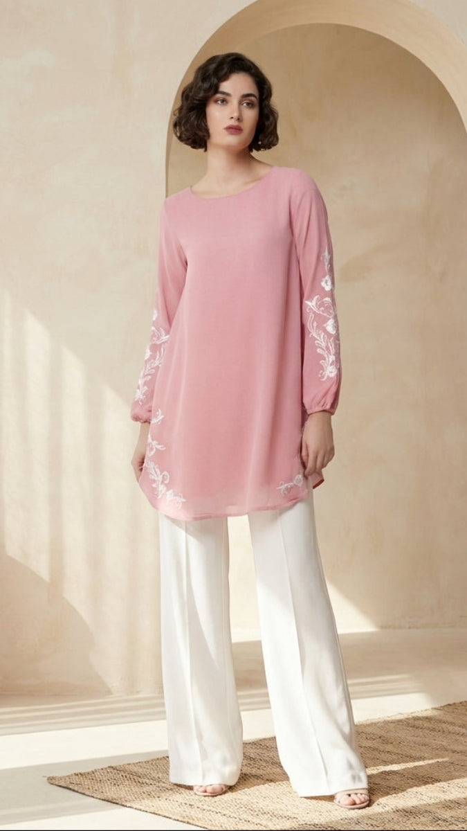 Huma Embroidered Long Modest Tunic - Candy/Cream