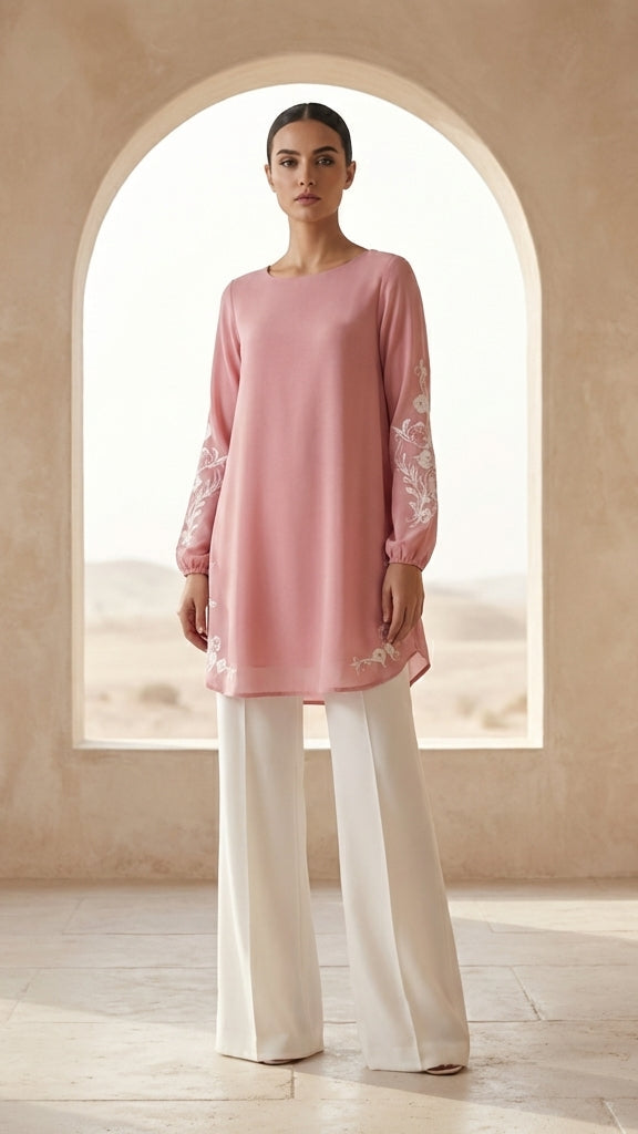 Huma Embroidered Long Modest Tunic - Candy/Cream
