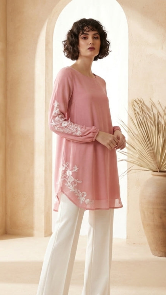 Huma Embroidered Long Modest Tunic - Candy/Cream