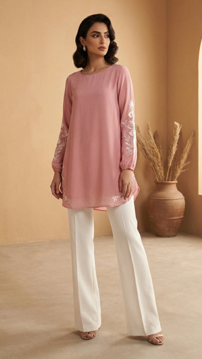 Huma Embroidered Long Modest Tunic - Candy/Cream