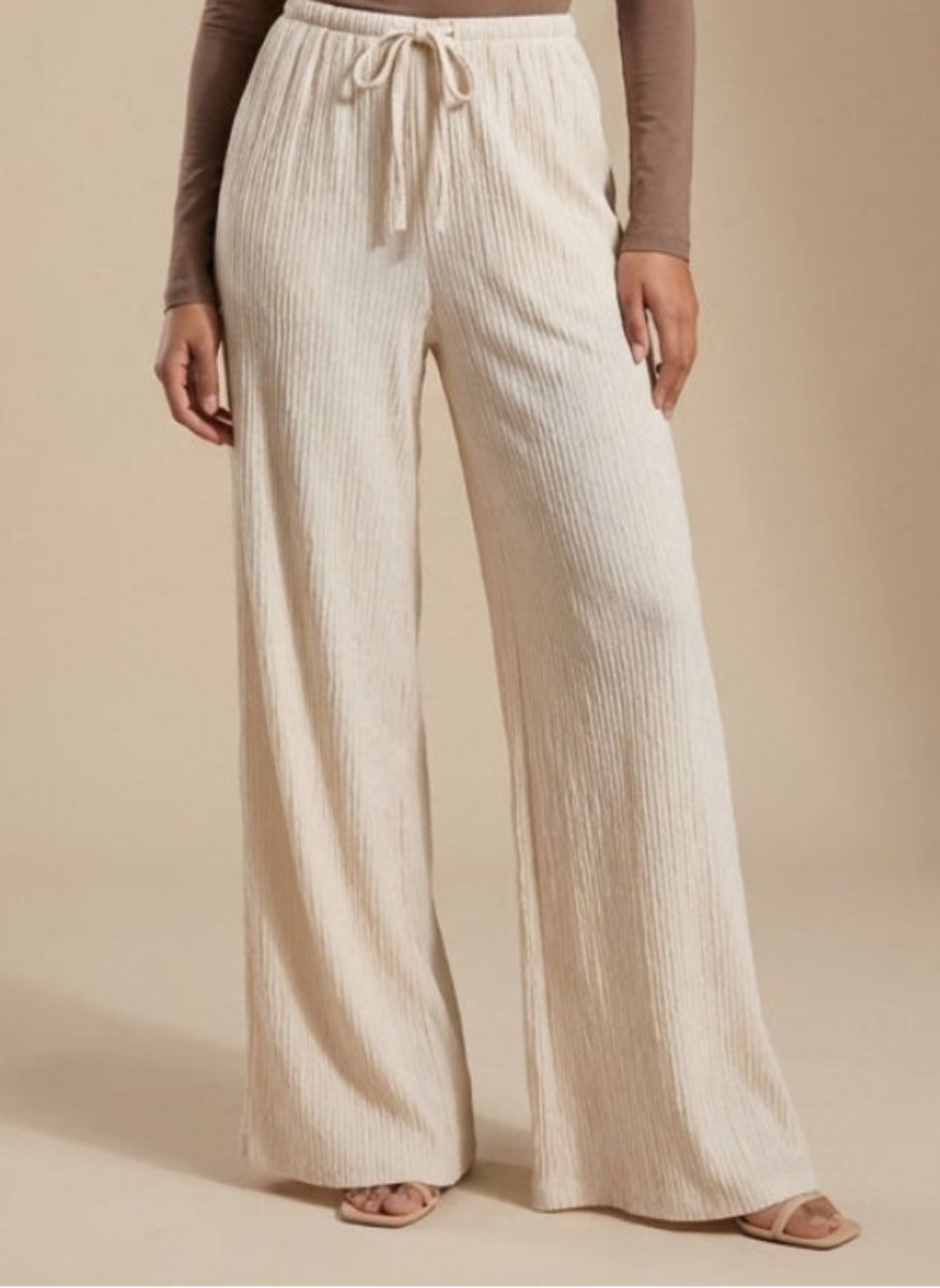 Ida Loose Stretch Wide Leg Crinkle Pants - Cream