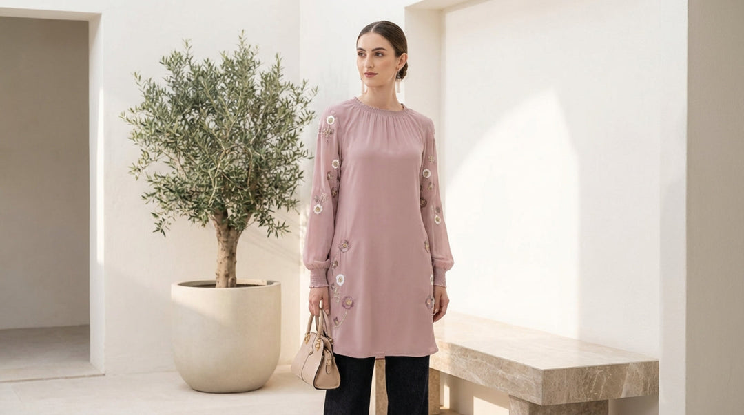 Woman in a pink dress standing in a minimalistic room with a plant and bench.