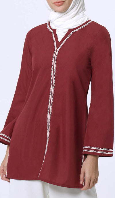 Karima Cotton Embroidered Modest Tunic - Maroon - PREORDER (ships in 2 weeks)