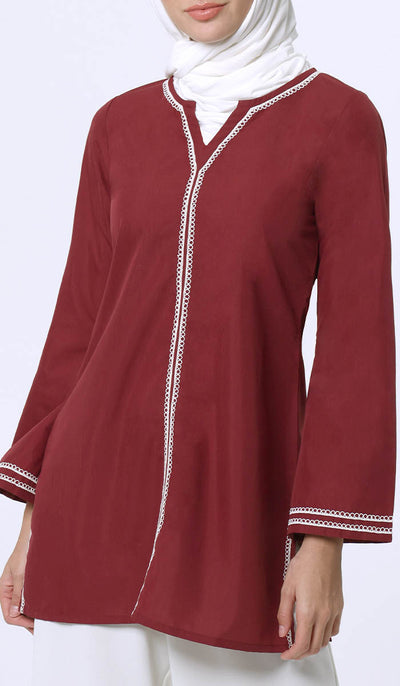 Karima Cotton Embroidered Modest Tunic - Maroon