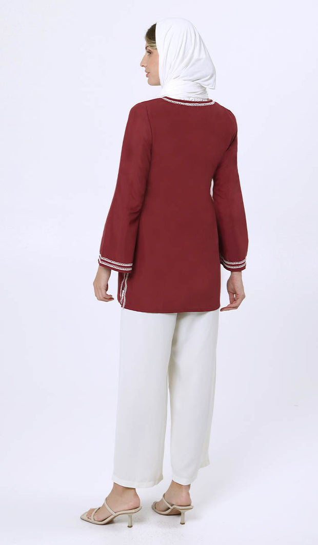 Karima Cotton Embroidered Modest Tunic - Maroon - PREORDER (ships in 2 weeks)
