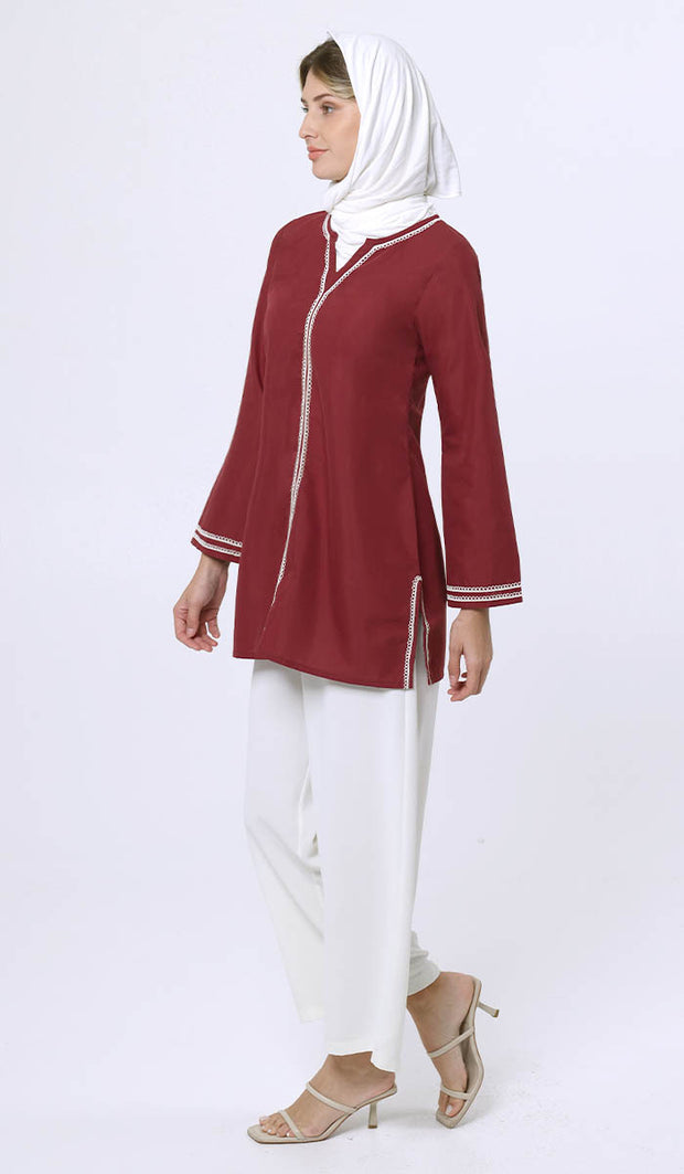 Karima Cotton Embroidered Modest Tunic - Maroon - PREORDER (ships in 2 weeks)