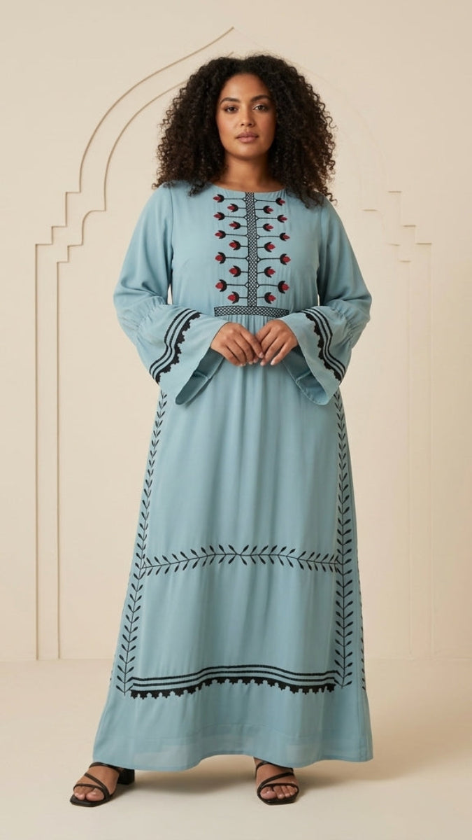 Laleh Embroidered Chiffon Modest Long Maxi Dress - Sea Green