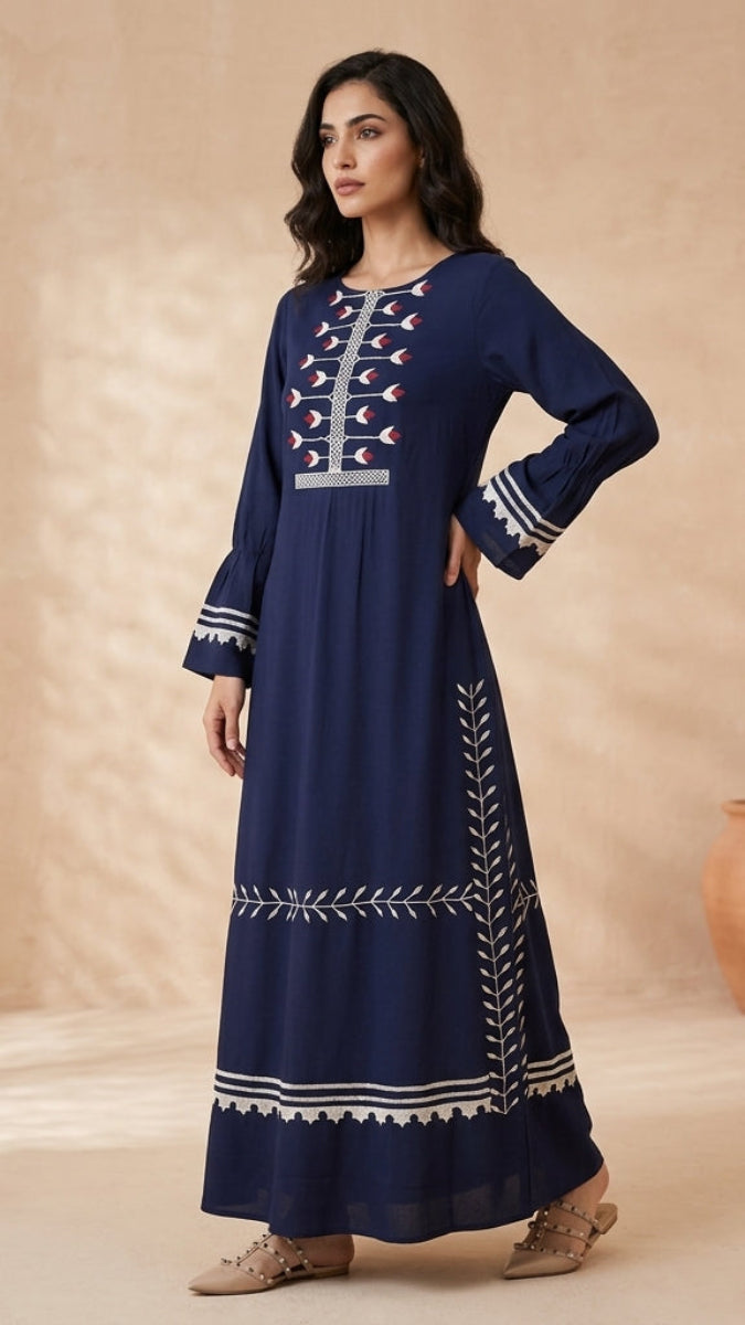Laleh Navy Blue Embroidered Chiffon Modest Long Maxi Dress | Modest Muslim Dresses